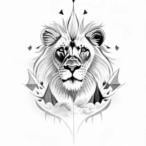 A Majestic Lion With Scarface Markings Surrounded By A Flock Of Phoenixes