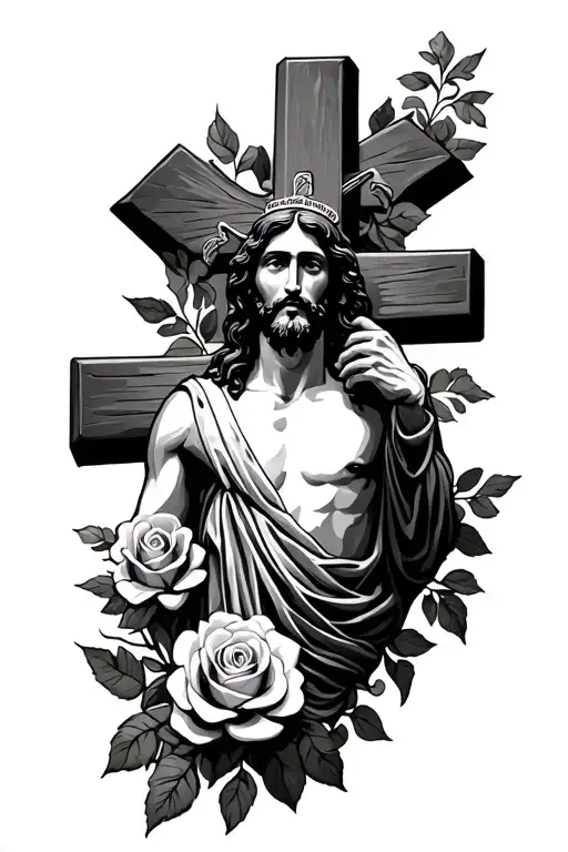 Jesus Christ Holding A Cross With Roses Intertwined