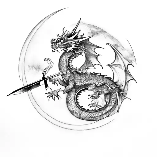Dragon Twisting Around A Sword Towards The Moon
