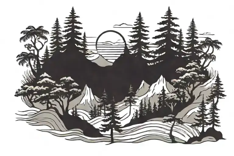 Trees Beach Mountain Range Silhouette