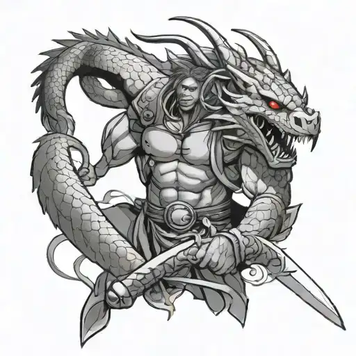 Warrior With Sword And Blood With Snakes And Dragon Wrapped Over The Forearm