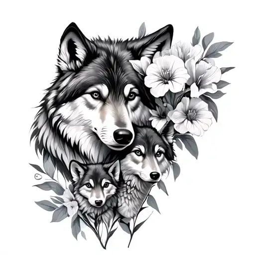 Mama Wolf And Cub With Iris Flowe Bouquet Made