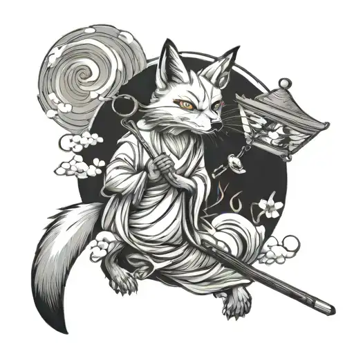 Japanese Kitsune Fox With Stick With Lamp On It