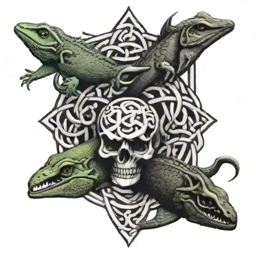 Four Anole Lizards Linked End-to-end In A Celtic Knot With The Skull Of A Fifth Lizard In The Center