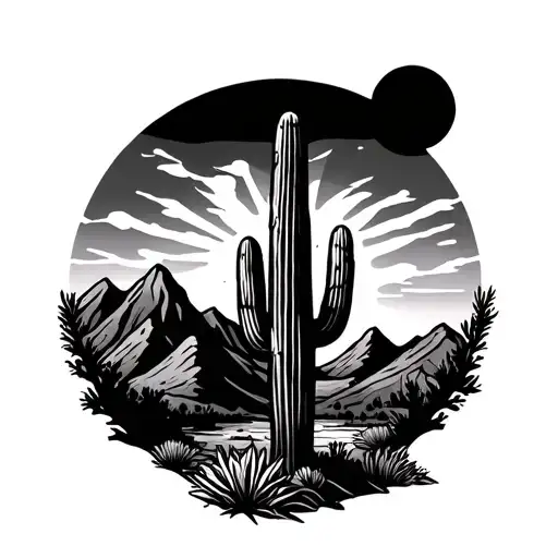 Arizona Mountains With Cactus And Sun