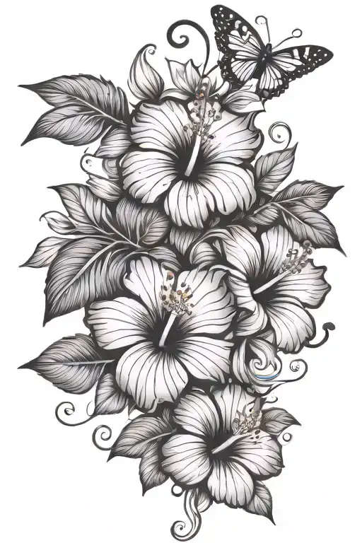 Hibiscus Flowers On A Vine Thin Long With Butterflies Flying