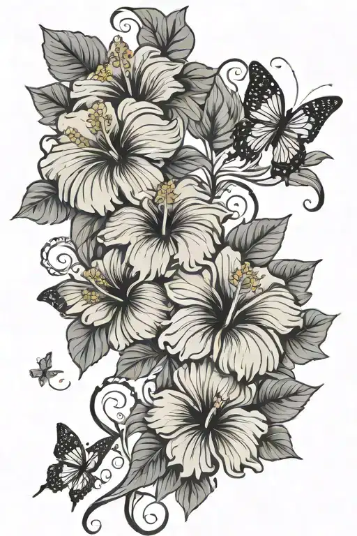 Hibiscus Flowers On A Vine Thin Long With 6 Butterflies Flying