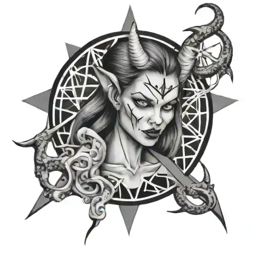 Devil Female In Front Of Pentagram