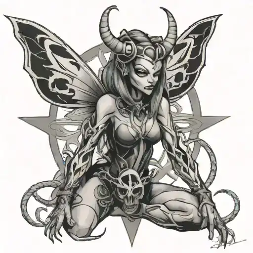 Hornet-devil Female Full Body In Front Of Pentagram