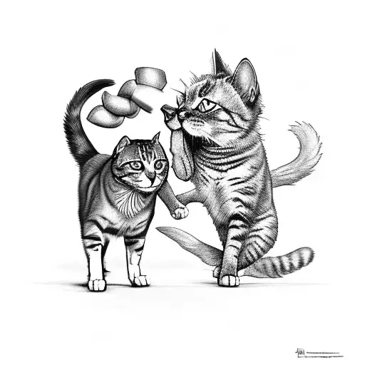 A Majestic Black And Grey Tattoo Of A Cat And A Dog Playing Together In A Natural Setting