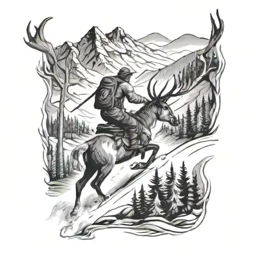 A Skier Carving Through The Mountains With A Mule Deer And Ravens Flying Overhead