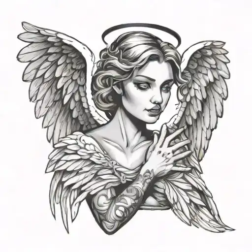 Sad Beautiful Female Angel Spreading Wings With No Clothes Facing Front