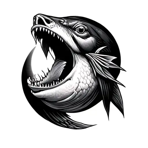 Gorfal Pe With Open Mouth Eating A Small Fish Looking At The Moon With Dark Sky