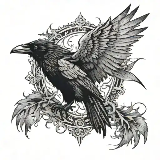 Raven With Wings Spread Surrounded By Thorn Crown