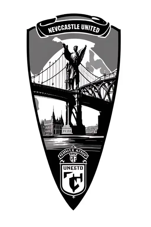 Newcastle United Football Club Logo With Tyne Bridge And Angel Of The North In Background Tattoo