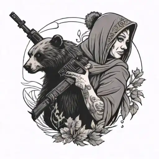 A Slavic Girl In Kokoshnik With An Ak-47 In Hand Hugging A Bear In A Black-grey Tattoo Style