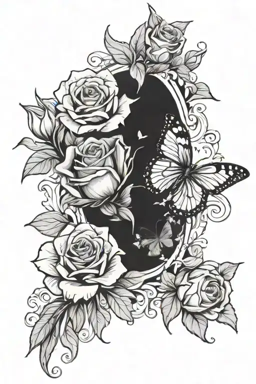 Roses And Tulips Black And Butterflies Surrounding