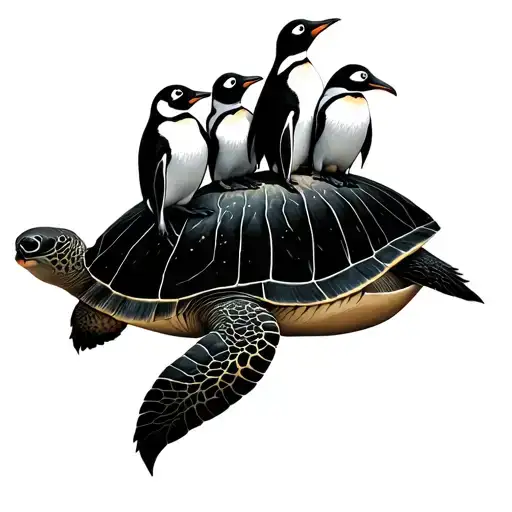 4 Penguins Intertwined Under The Tree Of Life On The Back Of A Turtle