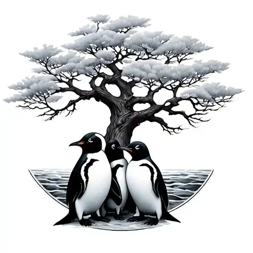 4 Penguins Intertwined Under The Tree Of Life