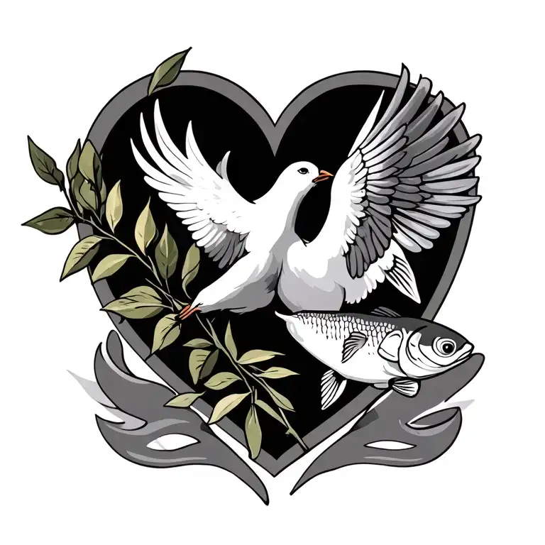 Heart Cross Christian Dove Carrying Olive Branch And Fish Symbol Tattoo