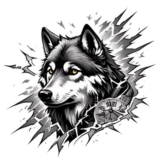 Trouble Wolf Wit Cracked Clock And Lightning Striking