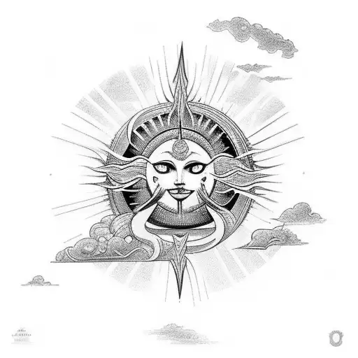 Chest Tattoo Comprising Of Hour Glass In Center Of Design Surrounded By Sun Rays And Clouds