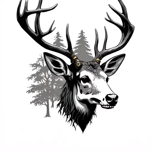 Steampunk Skeletton Deer Head With Trees