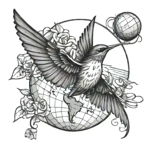 Globe With A Humming Bird Flying In The Sky