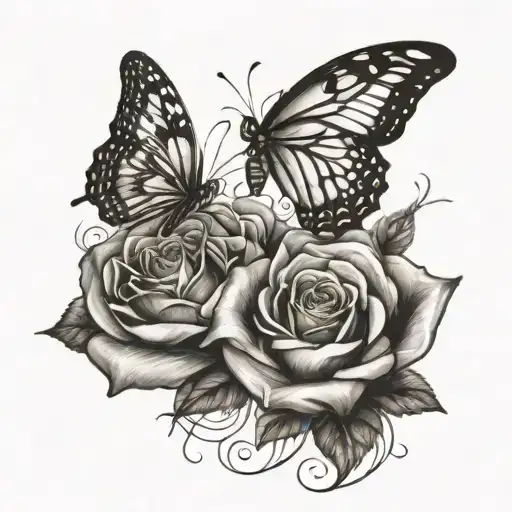 Roses Flowed Black And Shading Butterflys
