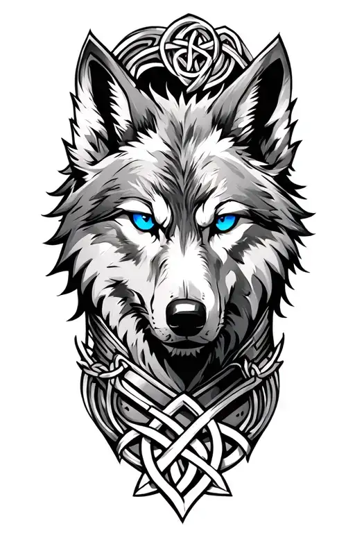 Wolf With Blue Eyes On Armor Tattoo Design Featuring Celtic Trinity Knot