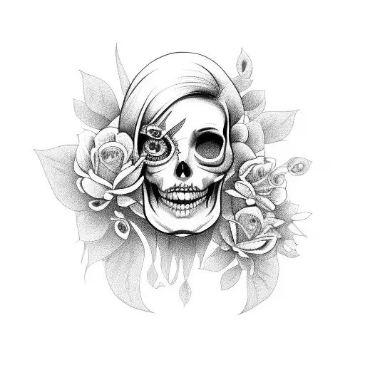 Female Face Skull Flowers