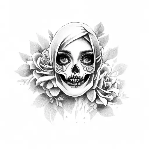 Female Face Skull Flowers