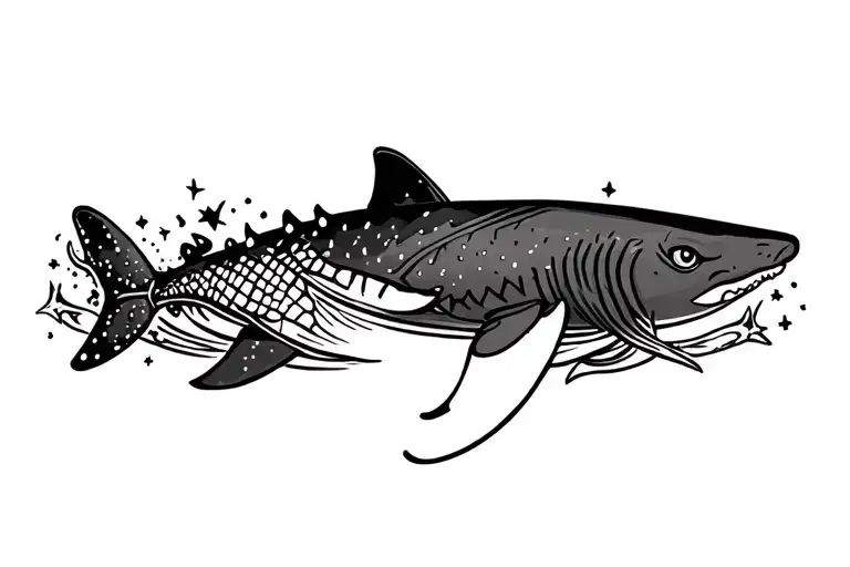 Cute Whale Shark With Stingrays And Stars Wraping Arounf Arm Tattoo