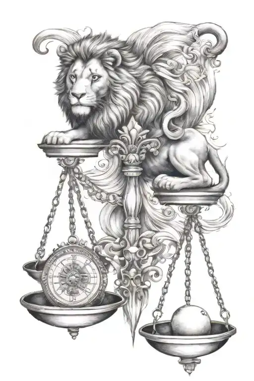 Lion And Libra Scale Showing Balance Mind Body And Soul