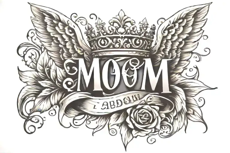 Create A Tattoo Of The Word Mom With A Crown On The M 1965 In The Bottom And Angel Wings On The Side Tattoo