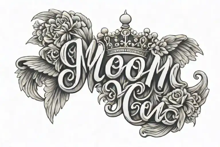Create A Tattoo Of The Word Mom With A Crown On The M 1965 In The Bottom And Angel Wings On The Side Tattoo