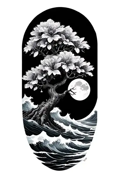 Collage Style Design Albizia Tree Ocean Waves Mountains Flowers Sun Moon