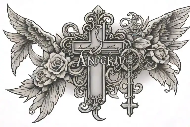 Name Tattoo With Rosary And Angel