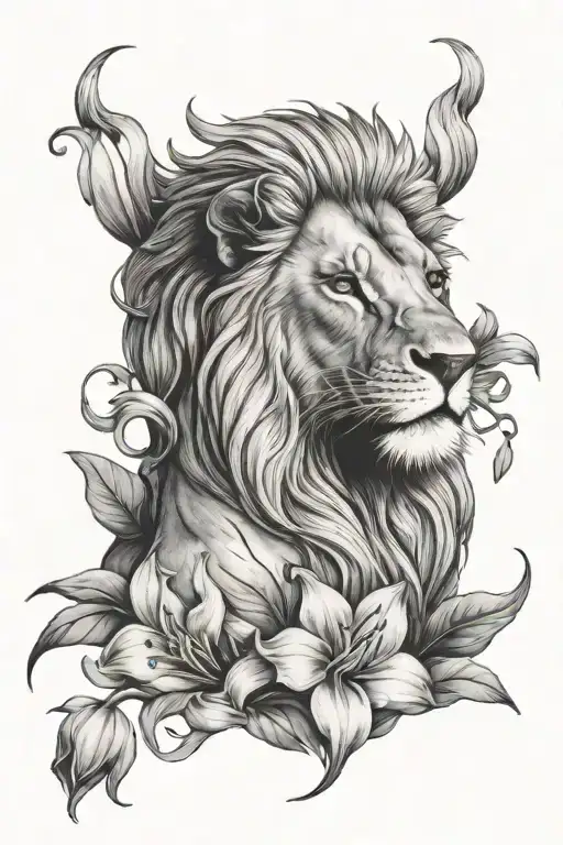 Male Lion With Lillies