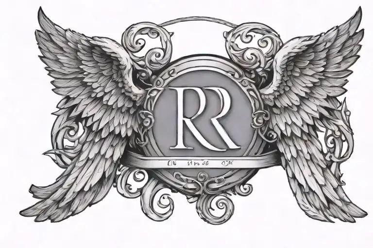 Angel Wings Spread Wide With Letter R Between Wings And Halo Above