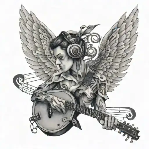 A Surreal Portrait Of A Musician With Wings Made Of Musical Notes And Instruments Tattoo