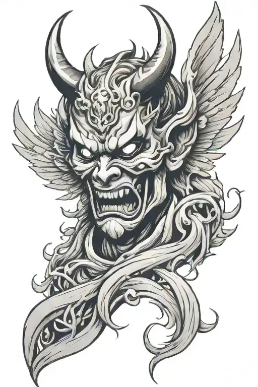 Oni Mask Fairy Flying Torn Wings Spread