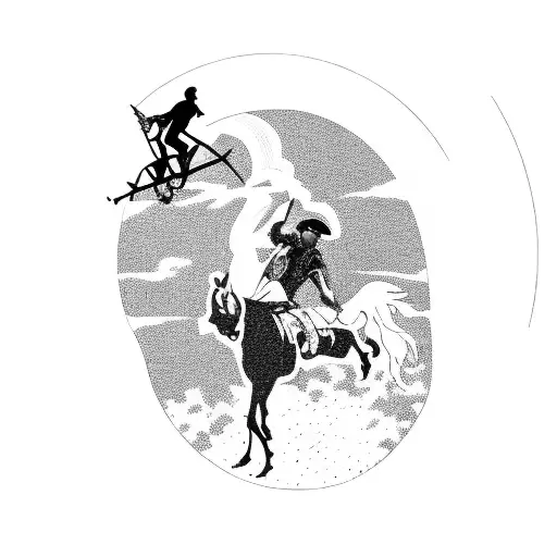 A Silhouette Of Travis Scott Riding A Horse Through A Desert With A Sunset In The Background Tattoo