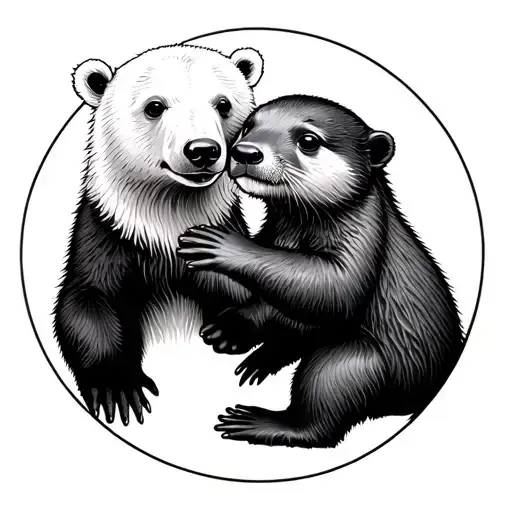 Cute Baby Otter And A Polar Bear Cub Playing Together In Circle Shape Tattoo