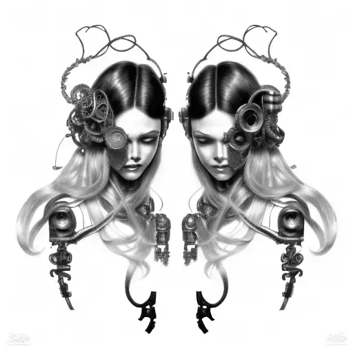 Cyborg Gemini Sisters Hair Tangled Together Conjoined Mischievous Smile Wide Composition