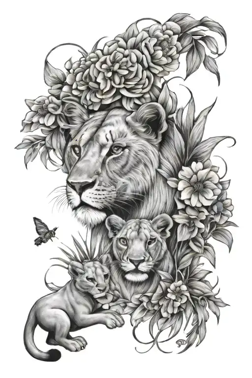 Lioness With Cubs And Floral Design