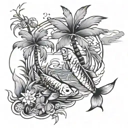 Ocean Coconut Trees And Koi Fish