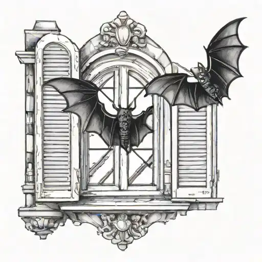 Chateau Window With Open Shutters And Bat Inside