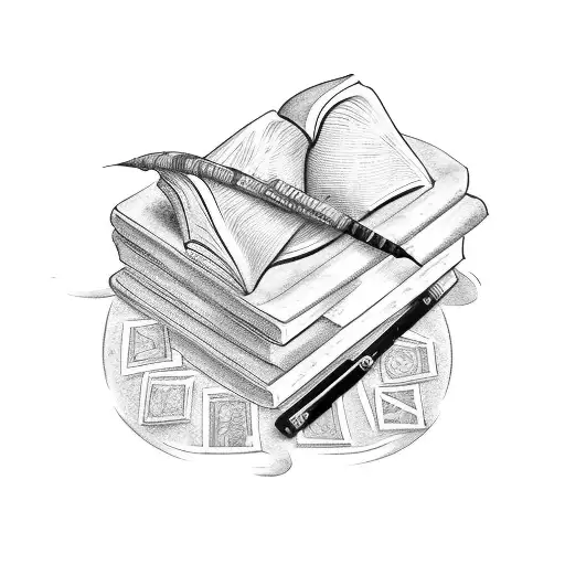 A Black-grey Tattoo Of A Stack Of Books With A Quill Pen Writing 'Amore' On A Scroll Tattoo