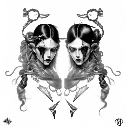 Goth Cyborg Gemini Sisters Hair Tangled Together Wide Composition